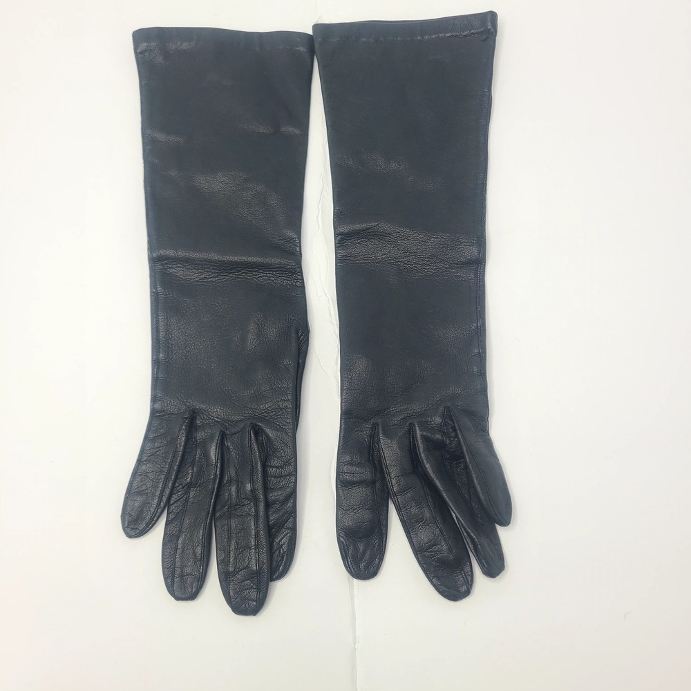 Vtg Black Leather Gloves 6 Table Cut Silk Lined Van‎ Raalte Opera Chic Classy